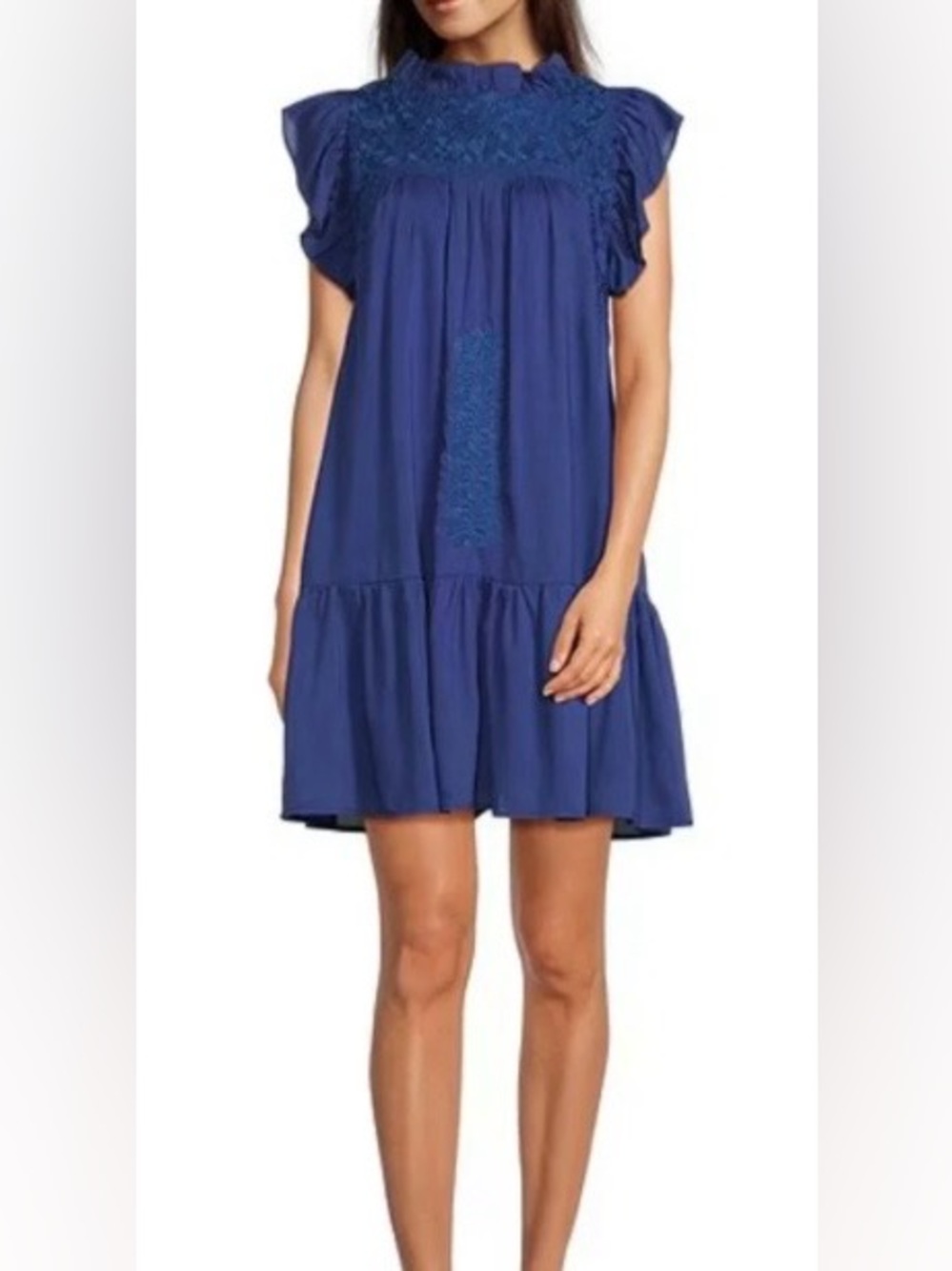 J.Marie Kelsea Ruffled Neck Cap Sleeve Embroidered Tiered Dress